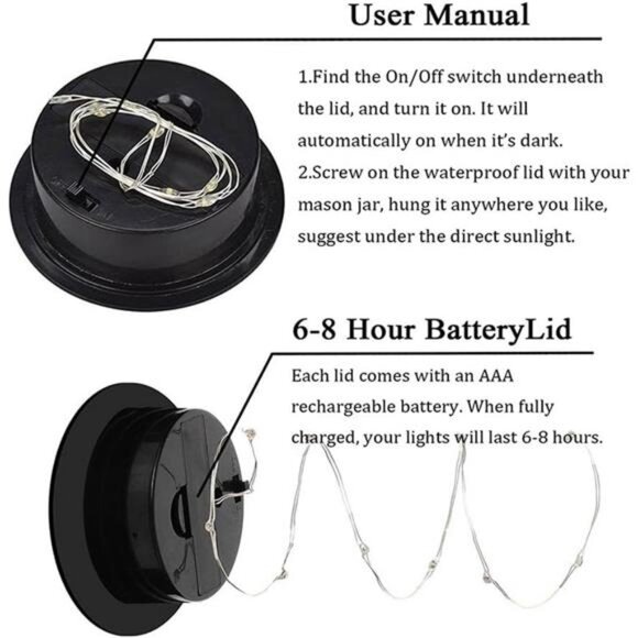 6 Pack Mason Jar Lights, 20 LED Solar Cold White Fairy String Lights Lids - Picture 4 of 8